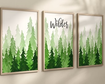 Framed Forest Trees Wall Art Prints - Canvas Forest Trees Boy Name Nursery Decor - Personalized Woodland Mountains Artwork Set of 3