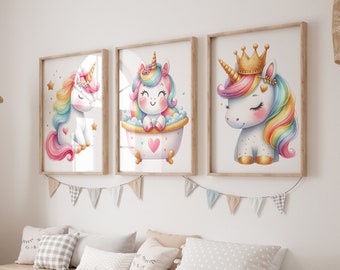 Rainbow Unicorn Pictures - Rainbow Unicorn Art Prints - Framed Rainbow Unicorn Crown Nursery Wall Decor - Unicorn Canvas Artwork Set of 3