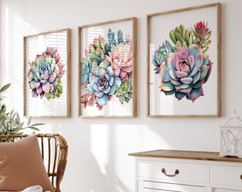 Succulent Wall Art, Succulent Art Prints, Framed Succulent Artwork, Simple Succulent Canvas Pictures, Succulent Bathroom Wall Decor Set of 3