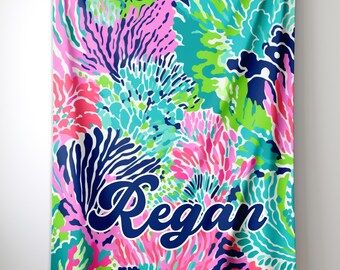 Preppy Style Blanket - Colorful Coral Reef Blanket - Baby Girl Personalized Gift - Bright Coral Pink Blue Girl Nursery Bedding