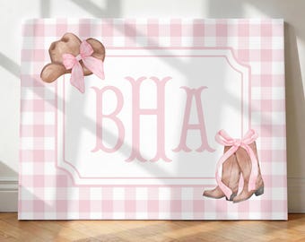 Pink Cowgirl Monogram Wall Art, Personalized Cowgirl Nursery Artwork, Country Dorm Room Decor, Gingham Cowgirl Hat Boots Set of 1