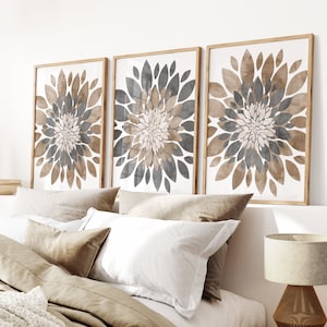 Living Room Wall Art, Framed Brown Gray Flower Art Print, Brown Gray Floral Bedroom Wall Decor, Flower Farmhouse Bathroom Canvas Sets of 3
