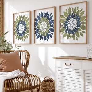 Blue Green Flower Wall Art, Green Blue Flower Prints, Canvas Navy Green Flowers Pictures, Bedroom Wall Decor, Framed Bathroom Art Set of 3
