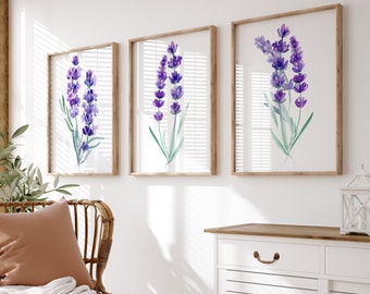 Lavender Flower Artwork - Flower Wall Art Prints - Framed Watercolor Flower Artwork - Lavender Nursery Wall Decor Pictures Canvas Set of 3
