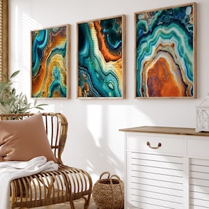 Bold Abstract Wall Art - Teal Green Blue Gold Agate Geode Prints - Framed Navy Teal Orange Marble Abstract Artwork Picture Canvas Set of 3