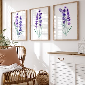 Lavender Flower Artwork - Flower Wall Art Print - Framed Watercolor Flower Artwork - Lavender Nursery Wall Decor Pictures Canvas Sets of 3