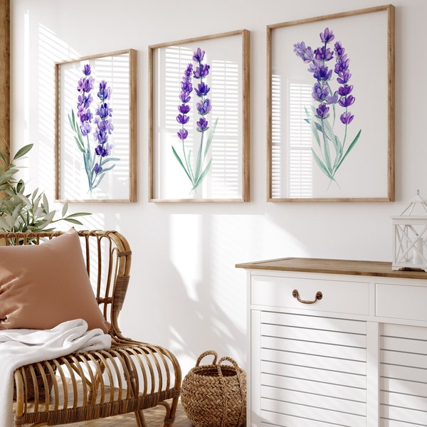 Lavender Flower Artwork - Flower Wall Art Prints - Framed Watercolor Flower Artwork - Lavender Nursery Wall Decor Pictures Canvas Set of 3