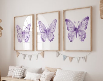 Lilac Butterfly Artwork, Purple Butterfly Nursery Art Prints, Canvas Lavender Watercolor Butterfly Decor, Framed Butterfly Pictures Set of 3