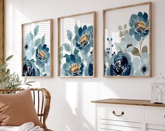 Navy Blue Flower Wall Art - Watercolor Blue Yellow Floral Prints, Framed Flower Living Room Pictures - Navy Flower Canvas Set of 3