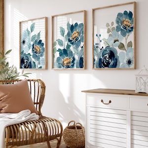 Navy Blue Flower Wall Art - Watercolor Blue Yellow Floral Prints, Framed Flower Living Room Pictures - Navy Flower Canvas Set of 3