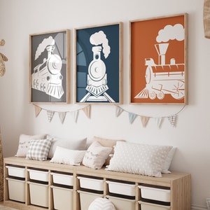 Framed Steam Train Art Prints: Transportation Nursery Decor, Set of 3