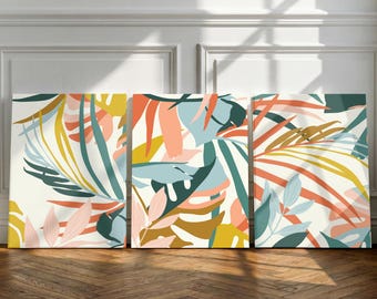 Tropical Leaves Wall Art, Tropical Leaves Prints or Canvas Set of 3, Tropical kitchen Wall Decor, Tropical Living Room Pictures