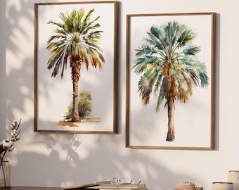 ヤシの木の絵 ビーチハウスアート - 水彩画 ヤシの木のアートワーク - ヤシの木の壁飾り - ビーチの木の絵 2枚セット WC