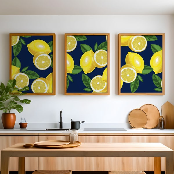 Digital Download Lemon Wall Art - Printable Navy Lemon Art Prints - Lemon Artwork - Lemons Kitchen Farmhouse Wall Decor Pictures Set of 3