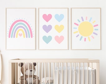 Digital Download Rainbow Sun Hearts Art Prints - Printable Weather Nursery Wall Art - Rainbow Wall Art - Pictures for Girls Room Set of 3