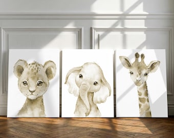 Safari Animal Wall Art Set of 3, Jungle Animal Nursery Decor, Lion Giraffe Elephant Prints, Gender Neutral Nursery Wall Art, Framed Canvas