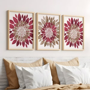 Red Brown Flower Wall Art - Flower Prints - Canvas Watercolor Red Brown Bathroom Wall Decor - Red Brown Floral Office Artwork Set of 3