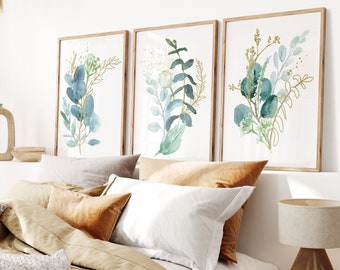 Eucalyptus Wall Art - Watercolor Leaves Art Print - Framed Eucalyptus Pictures - Eucalyptus Canvas Wall Decor - Bedroom Wall Decor Sets of 3