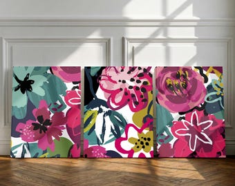Pink Floral Wall Art Set of 3, Abstract Flower Canvas Prints, Framed Botanical Wall Decor, Colorful Bedroom Artwork