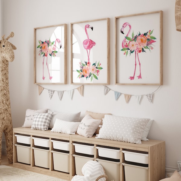 Flamingo Blumen Wandkunst - Flamingo Kunstdrucke - Gerahmtes Aquarell Flamingo Kunstwerk - Flamingo Blumen Kinderzimmer Wanddekoration Leinwand 3er Set