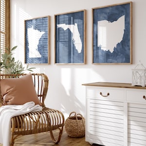 Decoración de pared de tres estados - Impresión artística de pared familiar de tres estados - Obra de arte enmarcada de tres estados - Juego de 3 lienzos personalizados y únicos de pareja de novios