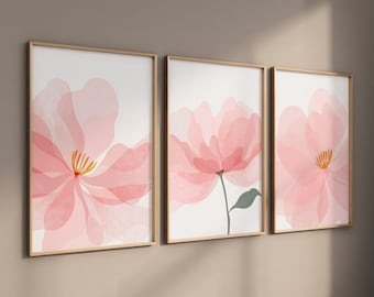 Pink Flower Wall Art - Pink Floral Art Prints - Framed Pink Floral Artwork - Watercolor Flower Pink Nursery Pink Decor Canvas Set of 3
