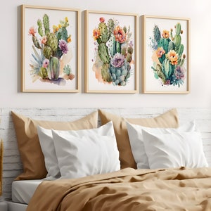 Cactus Wall Art - Succulent Cactus Art Print - Framed Watercolor Cactus Plant Artwork - Cactus Office Decor Pictures Canvas Sets of 3