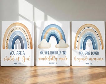 Rainbow Nursery Wall Art - Christian Bible Verse Nursery Decor - Baby Boy Rainbow Nursery Artwork Prints Set of 3
