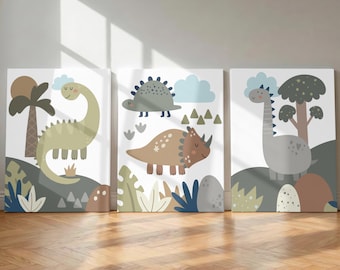 Dinosaur Wall Art- Dinosaur Art Prints - Framed Dinosaur Artwork - Baby Boy Nursery Wall Decor - Dinosaur Boy Toddler Room Canvas Set of 3