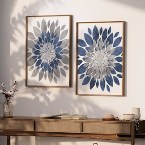 Navy Gray Flower Wall Art - Watercolor Blue Gray Floral Art Print - Framed Navy Blue Gray Bedroom Artwork - Entry Way Art Canvas Sets of 2