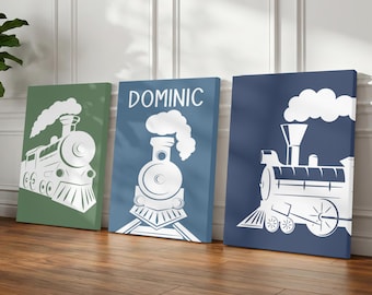 Personalized Train Nursery Wall Decor: Steam Train Wall Art, Set of 3 Framed, Canvas, or Art Prints