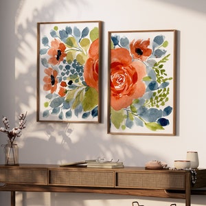 Navy Orange Flower Wall Art - Watercolor Floral Art Prints - Framed Navy Orange Green Bedroom Wall Decor - Living Room Art Canvas Set of 2