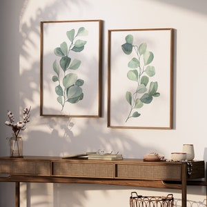 Eucalyptus Wall Art - Watercolor Leaves Art Print - Framed Eucalyptus Pictures - Eucalyptus Canvas Wall Decor - Bathroom Wall Decor Set of 2