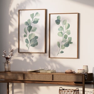 Eucalyptus Wall Art - Watercolor Leaves Art Prints - Framed Eucalyptus Pictures - Eucalyptus Canvas Wall Decor - Kitchen Wall Decor Set of 2