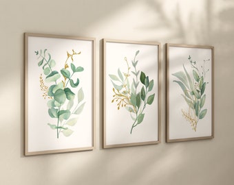 Eucalyptus Wall Art, Watercolor Leaves Art Prints, Framed Eucalyptus Pictures, Eucalyptus Canvas Wall Decor, Bathroom Wall Decor Set of 3