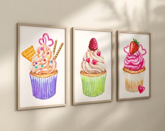 Cupcake Wall Art Print - Cupcake Dessert Art Prints - Framed Cupcakes Dessert Artwork - Canvas Cupcake Kitchen Pictures - Cupcake Set of 3