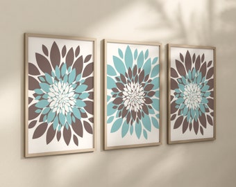 Brown Blue Flower Wall Art - Flower Burst Dahlia Petal  - Gray Blue Bedroom Flower Decor - Brown Blue Bathroom Pictures Canvas Set of 3