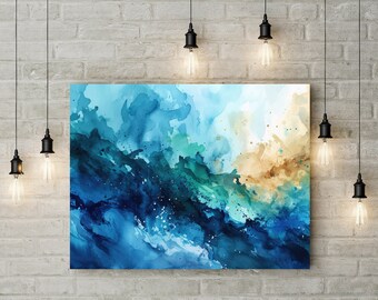 Ocean Abstract Canvas - Navy Blue Abstract Watercolor Art Prints Set of 1 - Navy Blue Office Wall Art - Modern Abstract Artwork Pictures