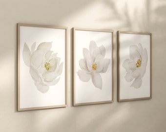 Magnolia Artwork - Magnolia Flower Wall Art Prints - Framed Magnolia Artwork - White Flower Wall Decor - Magnolias Canvas Pictures Set of 3
