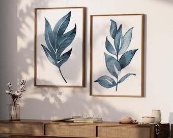 Navy Blue Leaf Wall Art - Minimalist Leaves Art Prints - Framed Leaf Artwork - Simple Leaf Canvas Pictures - Entry Way Wall Decor Set of 2