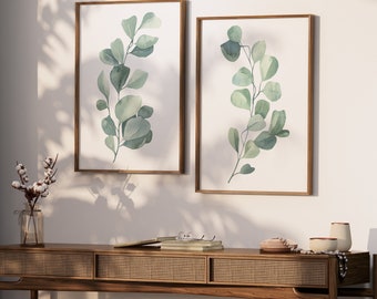 Eucalyptus Wall Art - Watercolor Leaves Art Print - Framed Eucalyptus Pictures - Eucalyptus Canvas Wall Decor - Bathroom Wall Decor Set of 2