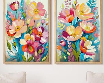 Arte murale floreale: dipinti di fiori colorati, set di 2 decorazioni da parete per camera da letto - con cornice, su tela o stampe artistiche WC