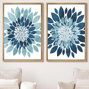 Décoration murale fleurs bleu marine - impressions d'art fleurs marines - oeuvres d'art fleurs bleu marine aquarelle - oeuvre d'art murale bureau bleu marine - images florales bleu marine lot de 2
