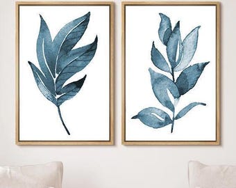 Navy Blue Leaf Wall Art - Minimalist Leaves Artwork - Botanical Entryway Decor Set of 2 Framed, Canvas, or Art Prints WC