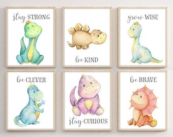 Dinosaur Nursery Decor - Dinosaur Art Prints - Framed Watercolor Dinosaur Decor - Baby Dinosaur Nursery Wall Art Canvas Set of 6