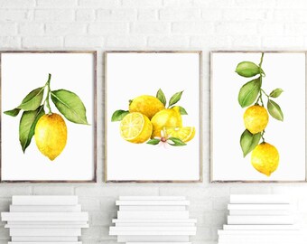 Lemon Wall Decor - Lemon Art Prints - Framed Lemons Yellow KITCHEN Farmhouse Artwork Prints - Trio Lemon Canvas Hanging Picture Set of 3