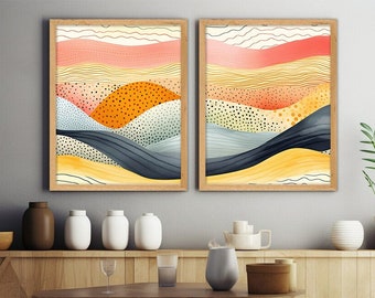 Abstract Wall Decor - Abstract Mountain Art Prints, Colorful Watercolor Mountains Artwork, Maximalist Design Wall Art Office Decor Set of 2