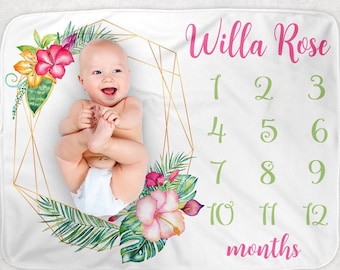 Couverture tropicale Milestone - cadeau personnalisé pour baby shower - couverture florale tropicale fille - couverture mensuelle nouveau-né courbe de croissance photo
