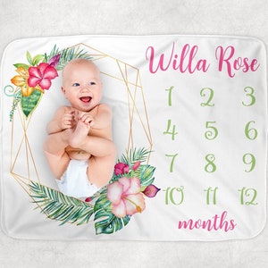 Tropical Milestone Blanket - Personalized Baby Shower Gift - Tropical Floral Girl Blanket - Newborn Monthly Blanket Photo Growth Chart