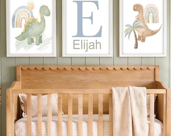 Personalized Dinosaur Wall Art Set of 3, Dinosaur Nursery Decor, Watercolor Dino Prints, Boy Name Nursery Wall Art, Framed Canvas Artwork
